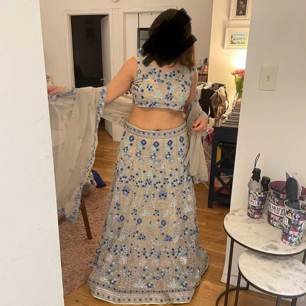Elegant Blue Floral Embroidered Lehenga - Picture 3 of 3